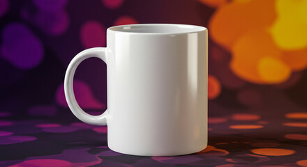 White coffee mug mockup on abstract gold and orange glitter background. Blank cup for festive design presentation. Drinkware template, sparkling luxury.
