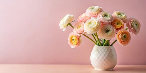 A Delicate Bouquet of Pastel Ranunculus Blooms in a Modern White Vase, Arranged on a Soft Pink Surface