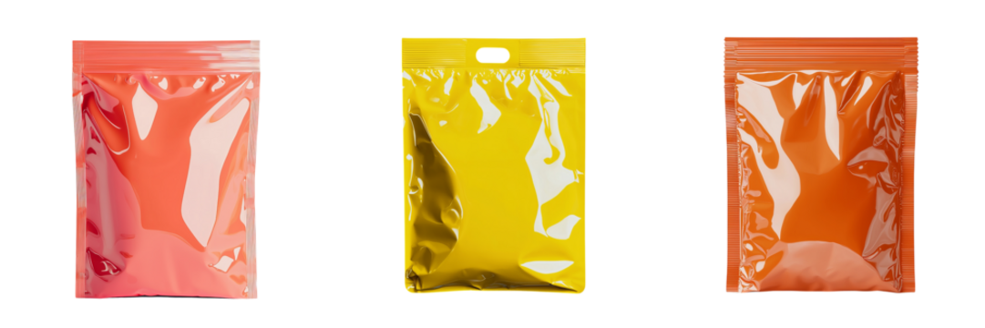 Png of Vibrant, colorful resealable packaging in pink, yellow, and orange, ideal for food or product storage.