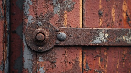 Rusty Metal Hinge on Weathered Red Painted Door Surface in Close-up
