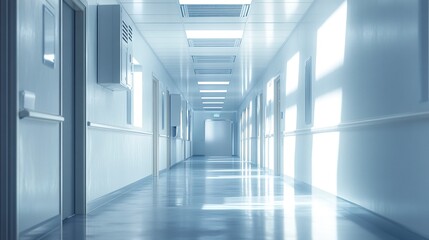 Fototapeta premium Minimalist office corridor with high ceilings, polished surfaces, and air conditioning vents, bright daylight creating a clean and efficient environment. 