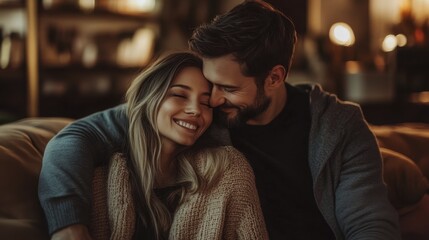 Couple Cuddling Affectionately on a Sofa Indoors Sharing a Moment of Intimacy