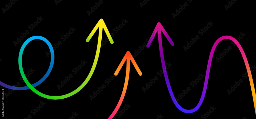 Poster Growth Up Gradient Arrows. Vector Neon Color Line Arrows on Black Background. Abstract Business Concept Graphic. Dynamic Rainbow Grow Design Elements