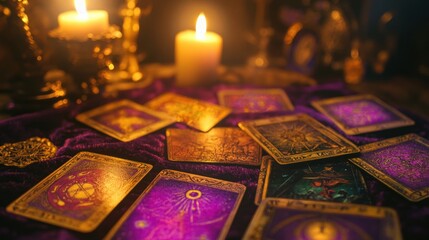 Tarot cards spread on a velvet cloth illuminated by candles.