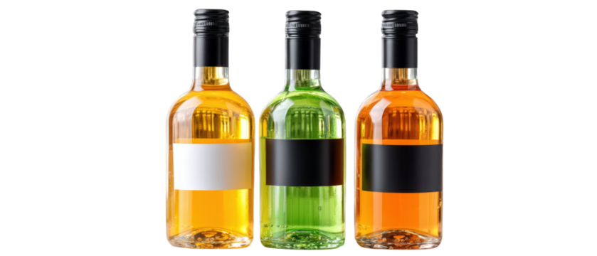 Three distinct bottles of wine in vibrant colors with blank labels, set against a neutral backdrop - Powered by Adobe