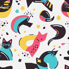 Memphis cat colorful style seamless pattern. Creative minimalist style art background for children or trendy design with basic shapes. Simple childish scribble backdrop white background