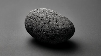 Dark gray porous stone, oval shape, rests on a dark gray surface, showcasing natural texture, representing simplicity, balance, and serenity