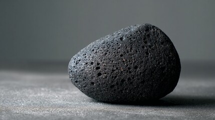 Dark gray porous stone, resting on a gray surface, showcasing a textured and rough appearance, symbolizing nature, simplicity, and grounding
