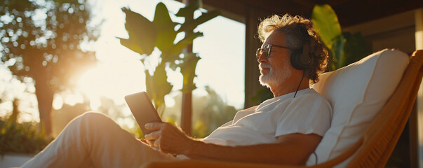 Man relaxing in chair with tablet and headphones in sunlight outdoor