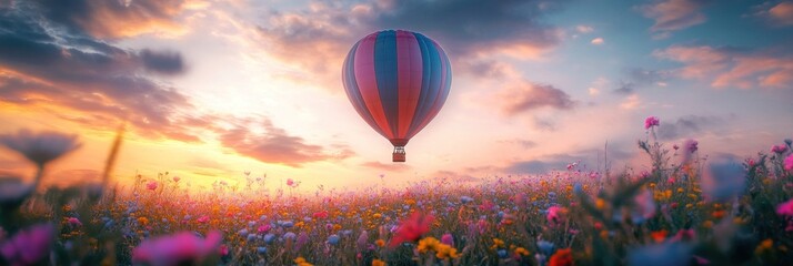 Whimsical journey, Hot air balloon soars over vibrant wildflower meadow