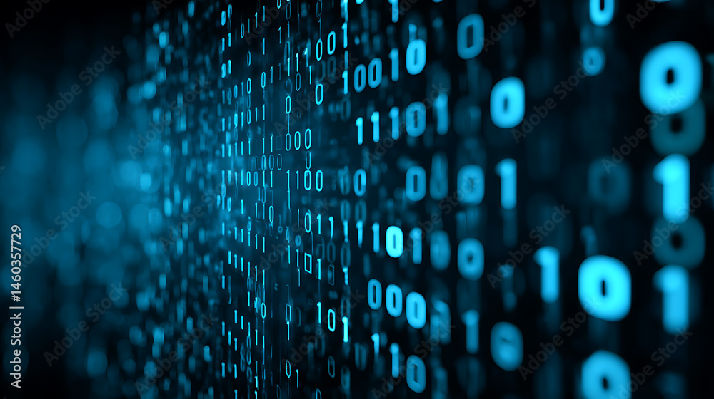 Poster Blue digital binary data on computer screen background, banner