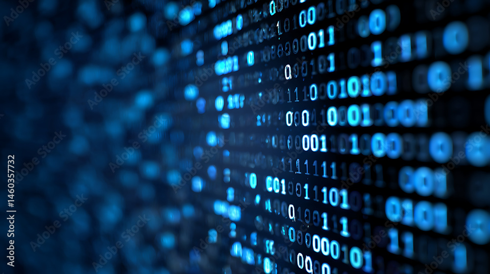 Poster Blue digital binary data on computer screen background, banner