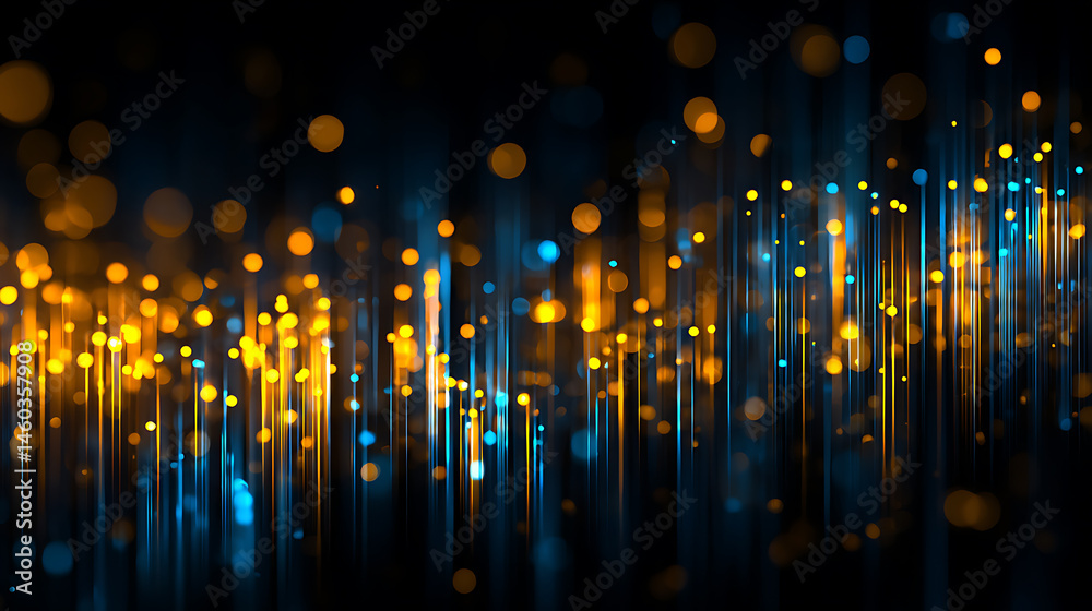 Poster Blue and yellow glowing neon abstract background with lines and bokeh lights, network data transfer concept