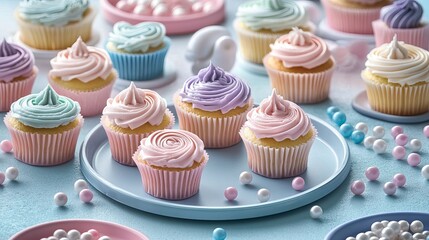 Delicious Pastel Cupcakes Sweet Treats Pretty Pink Blue Purple Frosting Tasty Bakery Dessert Delightful Confectionery  Yummy Sweetness  Vanilla Cakes Festive Party food sugar cream
