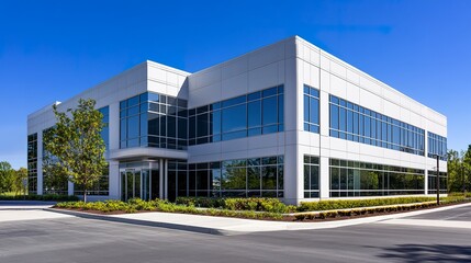 Obraz premium Modern business building facade, featuring smooth walls and large windows, emphasizing a sleek and professional aesthetic. 