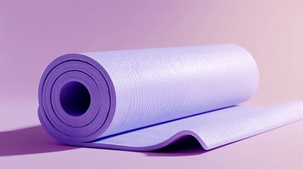 Rolled purple yoga mat on purple background, showcasing texture and form, ideal for fitness, wellness or product display