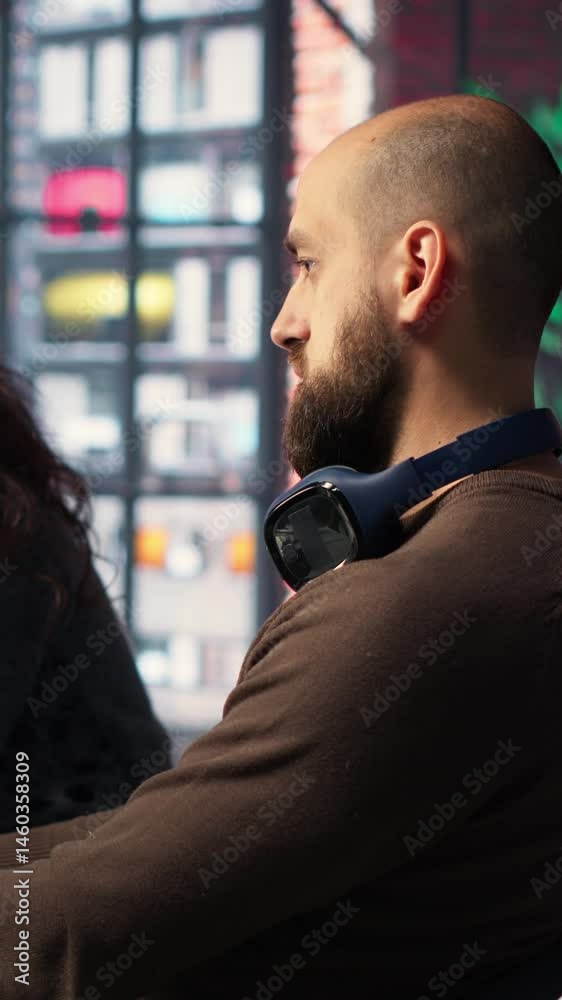 Aufkleber vertical video man and woman work with ai generated app to develop a futuristic spaceship station. n