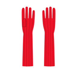 Obraz premium Knit Wool Gloves Elbow length red cartoon Fashion hand accessory clothing technical illustration garment. Vector front palm back view for Men women unisex style flat template CAD on white background
