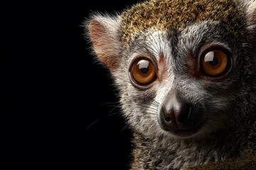 Fototapeta premium Close up Portrait of a Grey Mouse Lemur Large Eyes Black Background Wildlife Photography