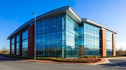 Obraz premium Modern corporate building with sleek architecture, glass facade glistening under a clear blue sky, emphasizing business sophistication. 