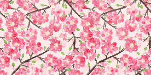 Bright botanical seamless pattern with hand painted watercolor coral pink sakura flowers branches. Delicate spring cherry blossoms watercolour floral print for textile, wrapping paper, surface design