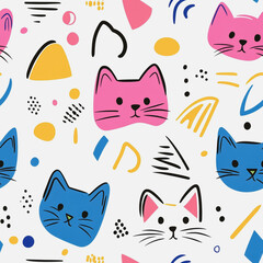 Memphis cat colorful style seamless pattern. Creative minimalist style art background for children or trendy design with basic shapes. Simple childish scribble backdrop white background