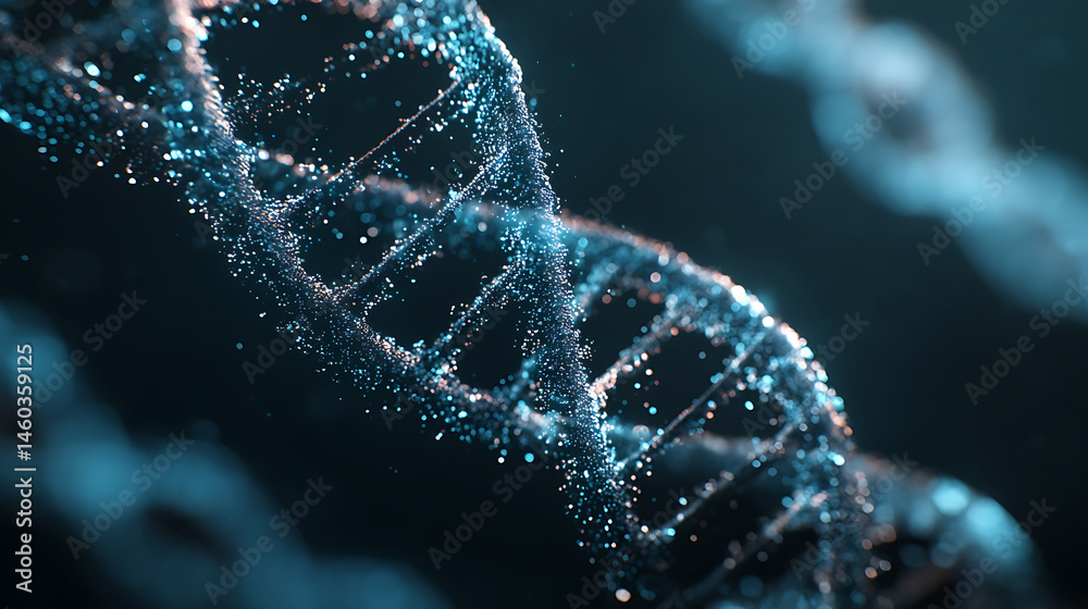 Poster biotechnology dna molecule structure animation with particles, can be used to represent nucleotide g