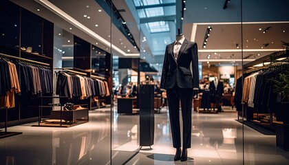 Luxury department store interior, luxury woman in suit with silhouette seen behind glass wall
