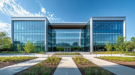 Obraz premium Modern glass building with a vibrant central courtyard, eye-level view featuring reflective facades and natural elements. 