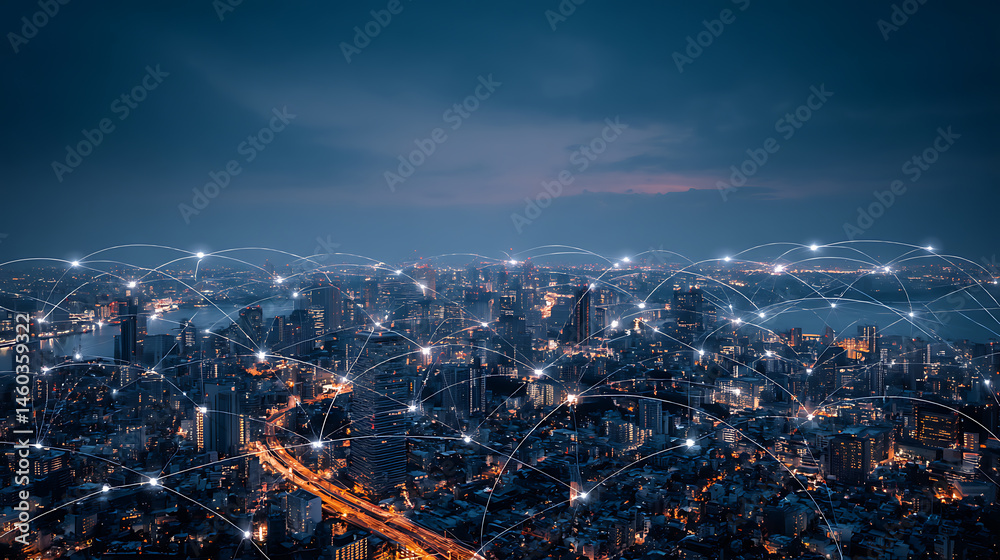 Poster Big data connection technology, cityscape telecommunication and communication network concept, smart city and digital transformation