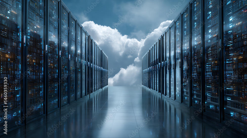 Poster Big data analysis, cloud computing in data center, technology storage, protection, processing digital information in internet, server racks in datacenter compute statistics and social media big data