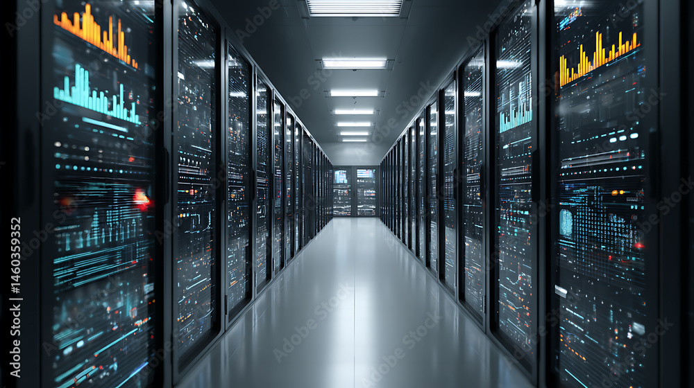 Aufkleber Big data analysis, cloud computing in data center, technology storage, protection, processing digital information in internet, server racks in datacenter compute statistics and social media big data