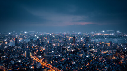 Fototapeta premium Big data connection technology, cityscape telecommunication and communication network concept, smart city and digital transformation