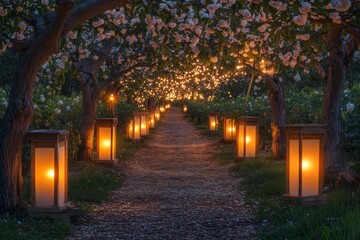 Obraz premium Night lantern alley with blooming cherry trees in full blossom