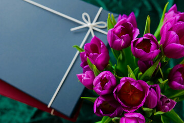 Gift Wrapped with Purple Flower Bouquet. Wrapped Gifts with Ribbons Top view. 