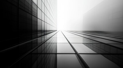 Modern high-rise office building with seamless glass panels, low-angle perspective showcasing its imposing verticality and urban elegance.  