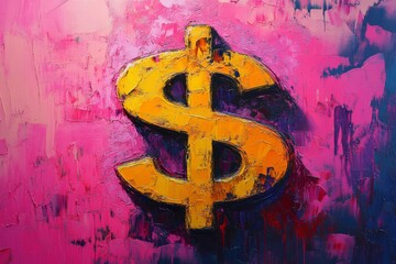 Large golden dollar symbol painted on vibrant pink background