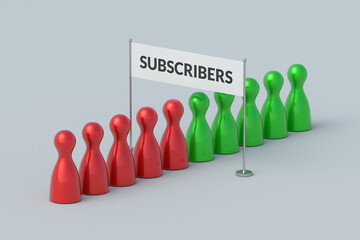 Subscribers word on banner near row of followers. Social media concept. Channel or blog followers. 3d render
