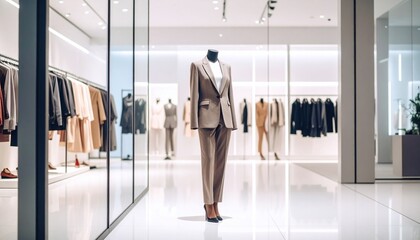 Luxury department store interior, luxury woman in suit with silhouette seen behind glass wall