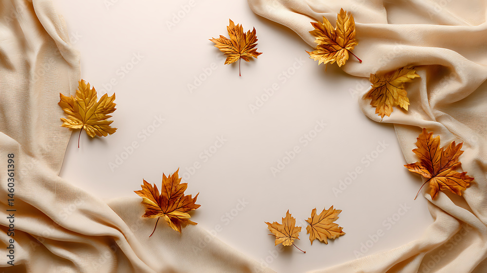 Aufkleber autumn composition with maple leaves and beige fabric on a isolated pastel background copy space min