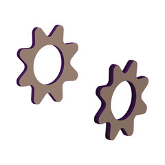 Mechanical gear symbol. Isometric cogwheel form. Brown rotating element. Vector tool shape.