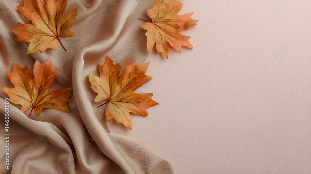 Poster Autumn composition with maple leaves and beige fabric on a isolated pastel background copy space minimalist style top view