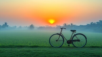 Obraz premium Vintage bicycle in a misty rice paddy sunrise