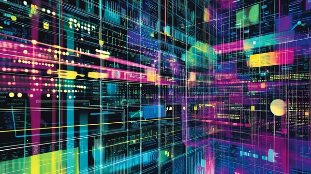 Abstract digital network data flow colorful lines futuristic technology background web neon grid code