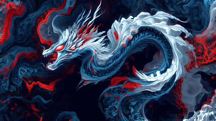 Illustration of a blue and white dragon with red accents against a dark and smoky background design. [Fractal Myths] | Tessellated Mythos | repeating dragon. Illustration