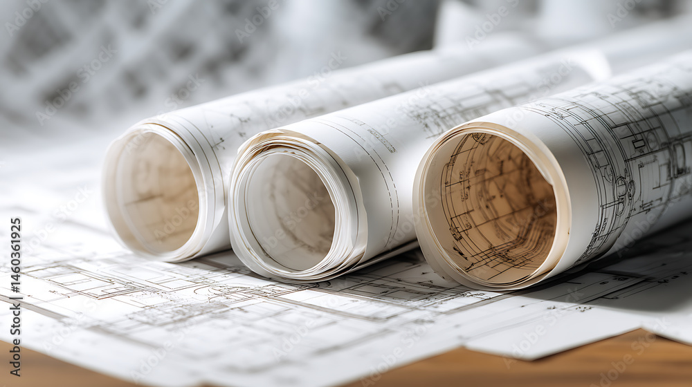 Poster architect rolls and architectural plan, technical project drawing background