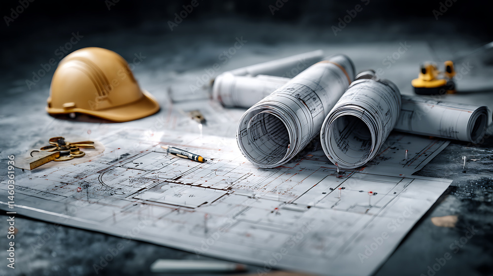 Aufkleber architect rolls and architectural plan, technical project drawing background