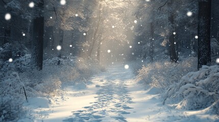 Tranquil snowy path through frosted trees illuminated by winter sunlight