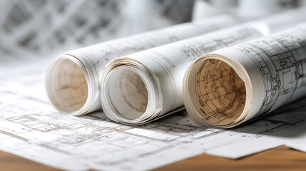 Architect rolls and architectural plan, technical project drawing background