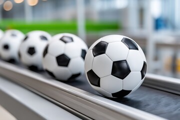Soccer balls on a conveyor belt, in a factory or warehouse setting, ready for distribution.